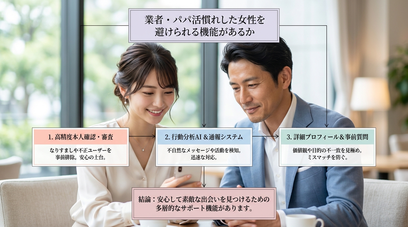業者・パパ活慣れした女性を避けられる機能があるか